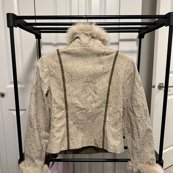 Light Beige Genuine Suede & Fur Collar & Cuff Jacket with Rose and Leopard Print - Picture 2 of 4